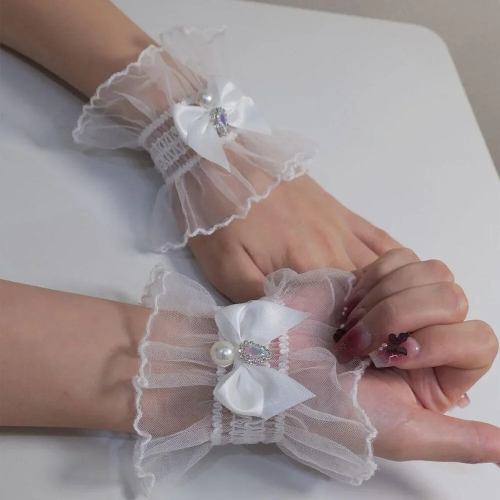 Women's Hand Sleeve White Rhinestone Cuff Bow Pearl Lace Gloves Wedding Cosplay